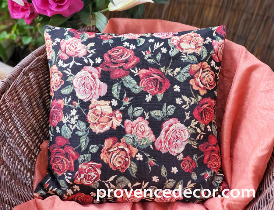 ROSES BLACK European Jacquard Woven Throw Pillow Cases - Flower Lovers Art Home Decor Cushion Covers - Garden Roses Reversible Decorative Pillow Covers