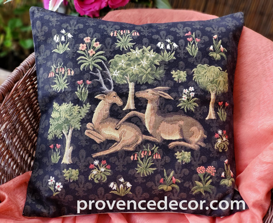 ROYAL FOREST DEER Tapestry Throw Pillow Cases - Decorative 18 X 18 Square Pillow Covers - Zippered Throw Pillow Case - Jacquard Woven Fleur de Lys Castle Tapestry Cushion Covers - Vintage Fabric Stag Throw Cushions - Animal Lover Gift -  Mountain Homes Resorts Decor Gifts