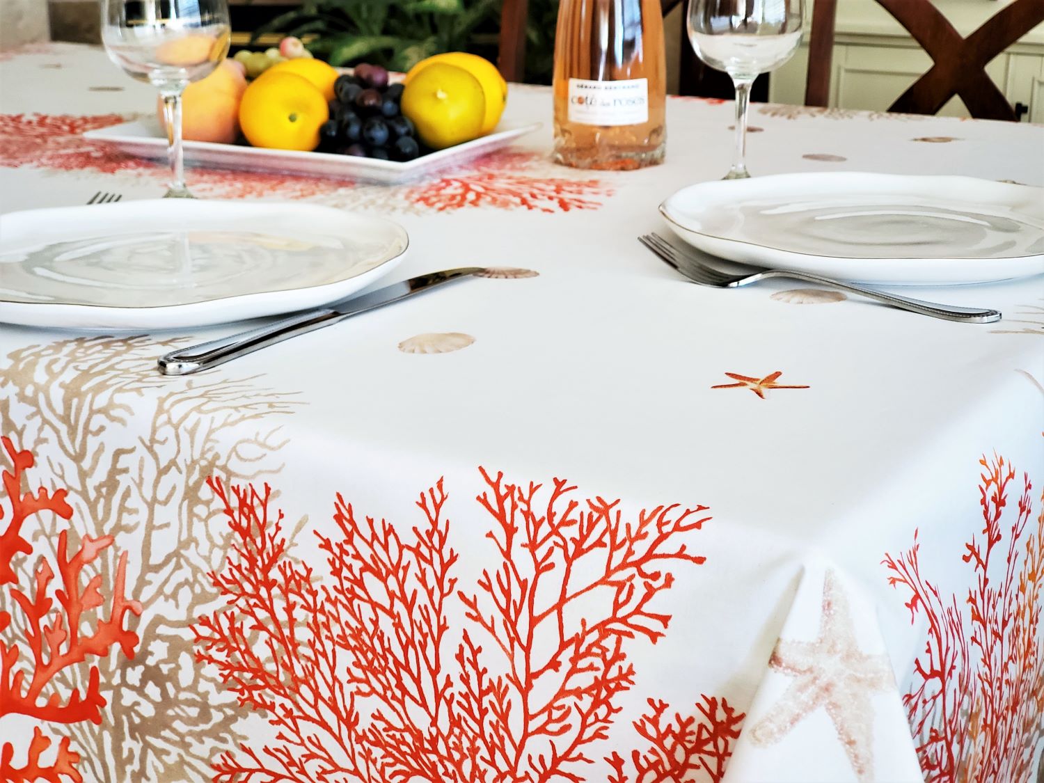 MEDITERRANEAN CORAL Cotton Coated Table cloths - French Oil cloth Spill  Proof Easy Wipe Off Fabric - Elegant Beach Party Rectangular Table Cover -  French Home Decoration
