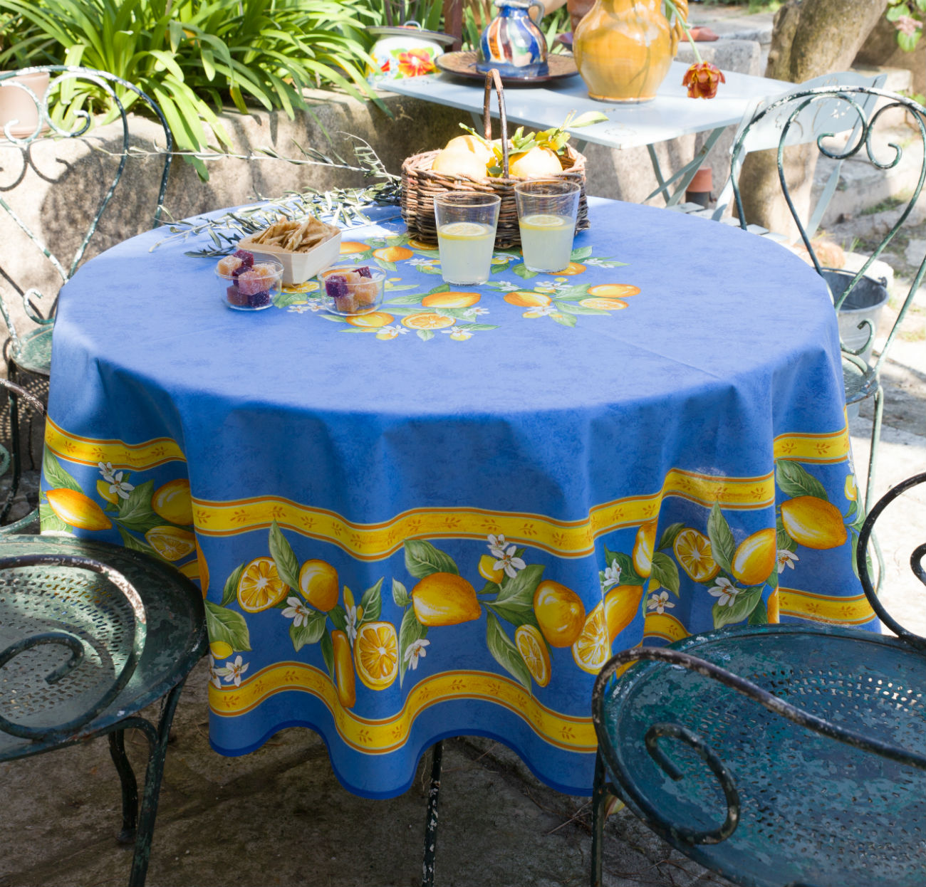Lemon Blue Round Rectangle Cotton French Provence Tablecloths