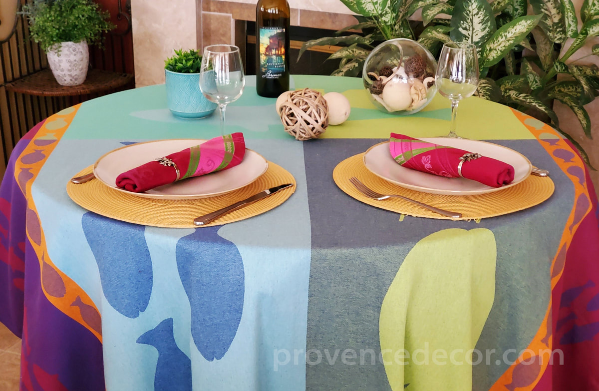 OCEAN RAINBOW Jacquard Woven Cotton Coated Reversible French Tablecloths -  Easy Clean Elegant Decorative Entertaining Table Cloth - Beach Ocean Nature  Lovers Home Table Decor Gifts