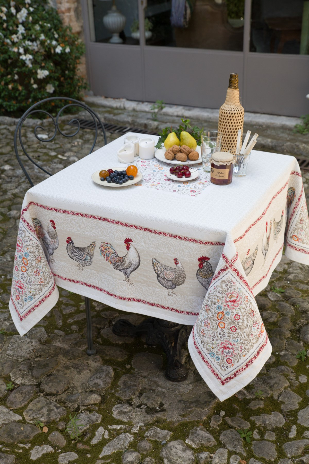 Heavy Provencal Jacquard Woven Tablecloth Lafayette Chickens 56 1/2 X 56  France 