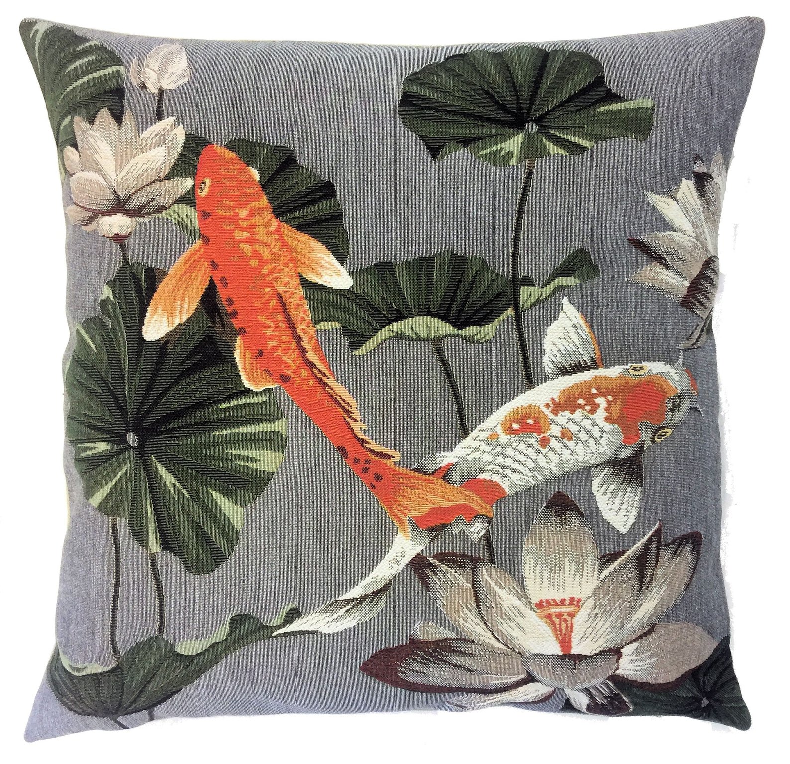 KOI FISH DECOR Belgian Tapestry Throw Pillow Cases - Decorative 18 X 18  Square Pillow Covers - Zippered Throw Pillow Case - Jacquard Woven Belgium  Tapestry Cushion Covers - Fun Japanese Fish