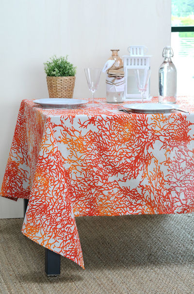 FRENCH RIVIERA CORAL Acrylic Coated French Provence Tablecloth - French Oilcloth Indoor Outdoor Table Decor - Water Stain Resistant Wipeable Tablecloths - French Country Home Decor Gifts