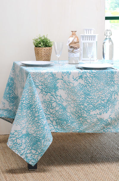 FRENCH RIVIERA TURQUOISE Acrylic Coated French Provence Tablecloth - French Oilcloth Indoor Outdoor Table Decor - Water Stain Resistant Wipeable Tablecloths - French Country Home Decor Gifts