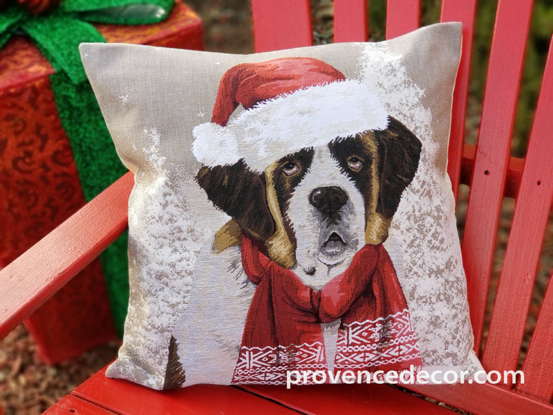 SANTA CLAUS CHRISTMAS DOG Authentic European Tapestry Throw Pillow Case - Dog XMAS Decorative Pillow Covers - Fun Dressed Dogs Cushion Covers -  Christmas Dog Pillow Case Gift - Christmas Mountain Home Resorts Decoration