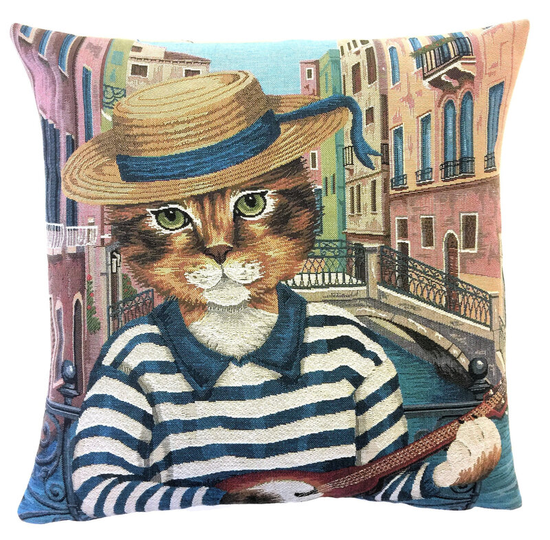CAT VENICE GONDOLA RIDE Authentic European Tapestry Decorative Throw Pillow Cases - Venice Canals Italy Cat Lovers Cushion Covers - Cat Art Pillow Cover Venice Gifts
