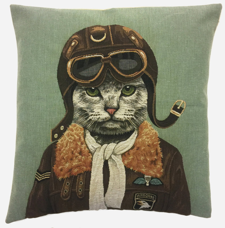 VINTAGE CAT AVIATOR AIR FORCE AIRBORNE PILOT STEWARD Belgian Tapestry Throw Pillow Cases - Decorative 18 X 18 Square Pillow Covers - Zippered Throw Pillow Case - Jacquard Woven Belgium Tapestry Cushion Covers - Fun CAT Throw Cushions - Home Decor Gifts
